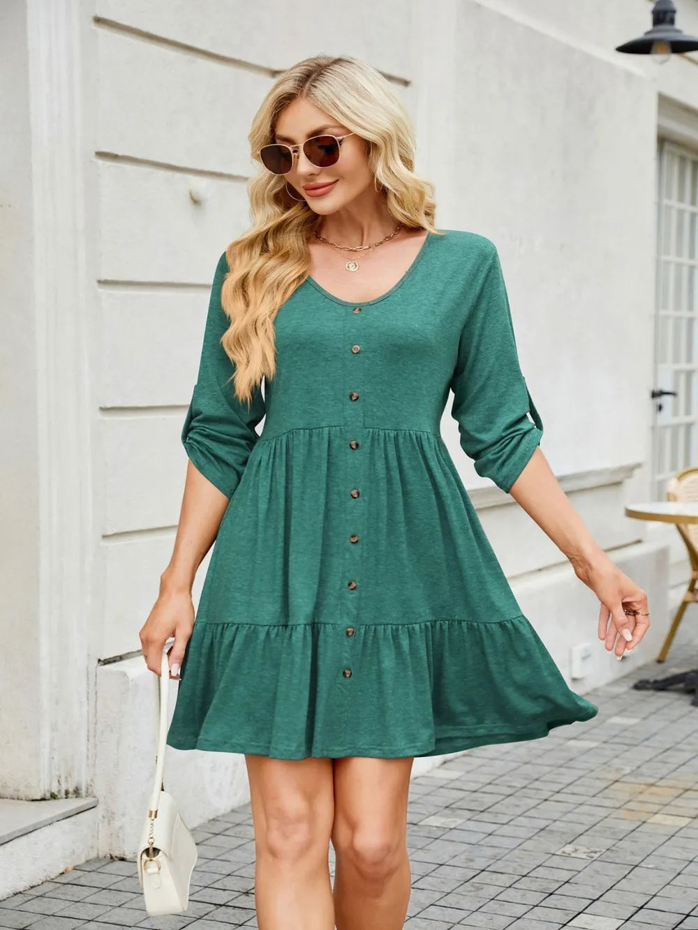Tiered ruched V-neck mini dress front view