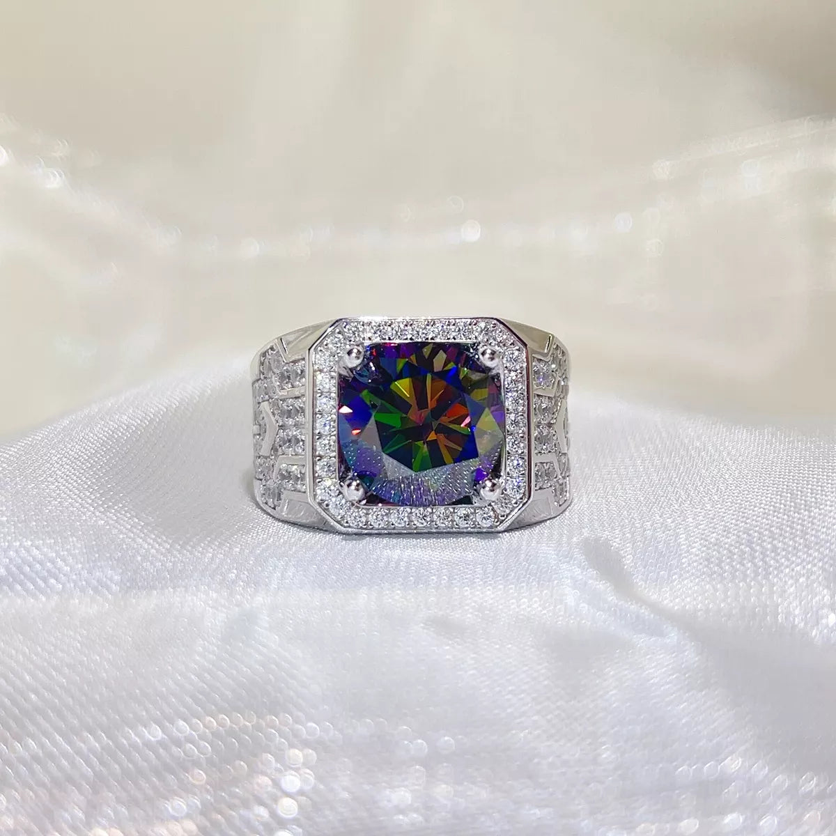 Blue moissanite statement ring worn on the hand