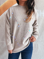 Sequined Embellished Round Neck Sweater Apricot One Size - Fashorio