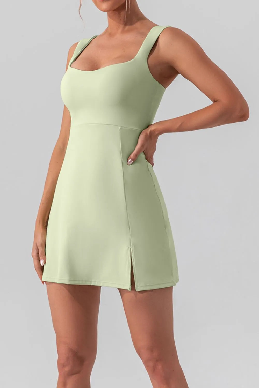 Square Neck Sleeveless Slit Mini Active Dress detail