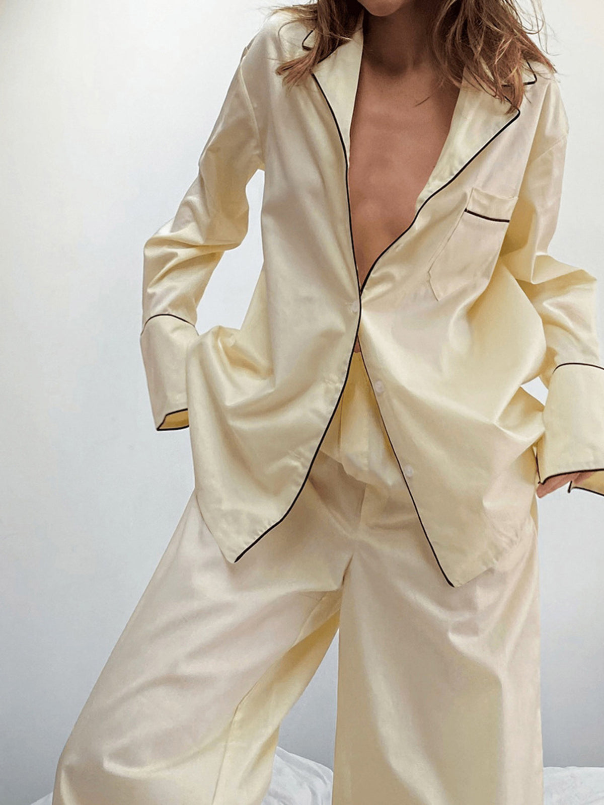Beige button up lounge set top and pants full look