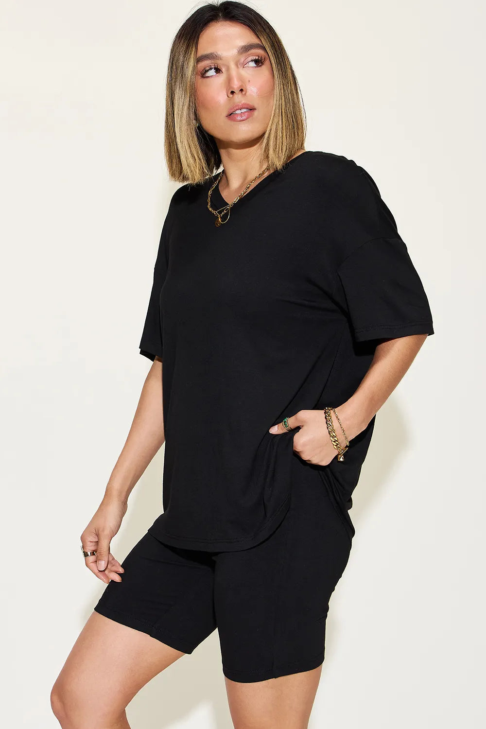 Basic Bae Full Size V-Neck Drop Shoulder T-Shirt and Shorts Set Black - Fashorio