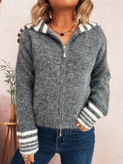 Striped Zip-Up Cardigan Gray One Size - Fashorio