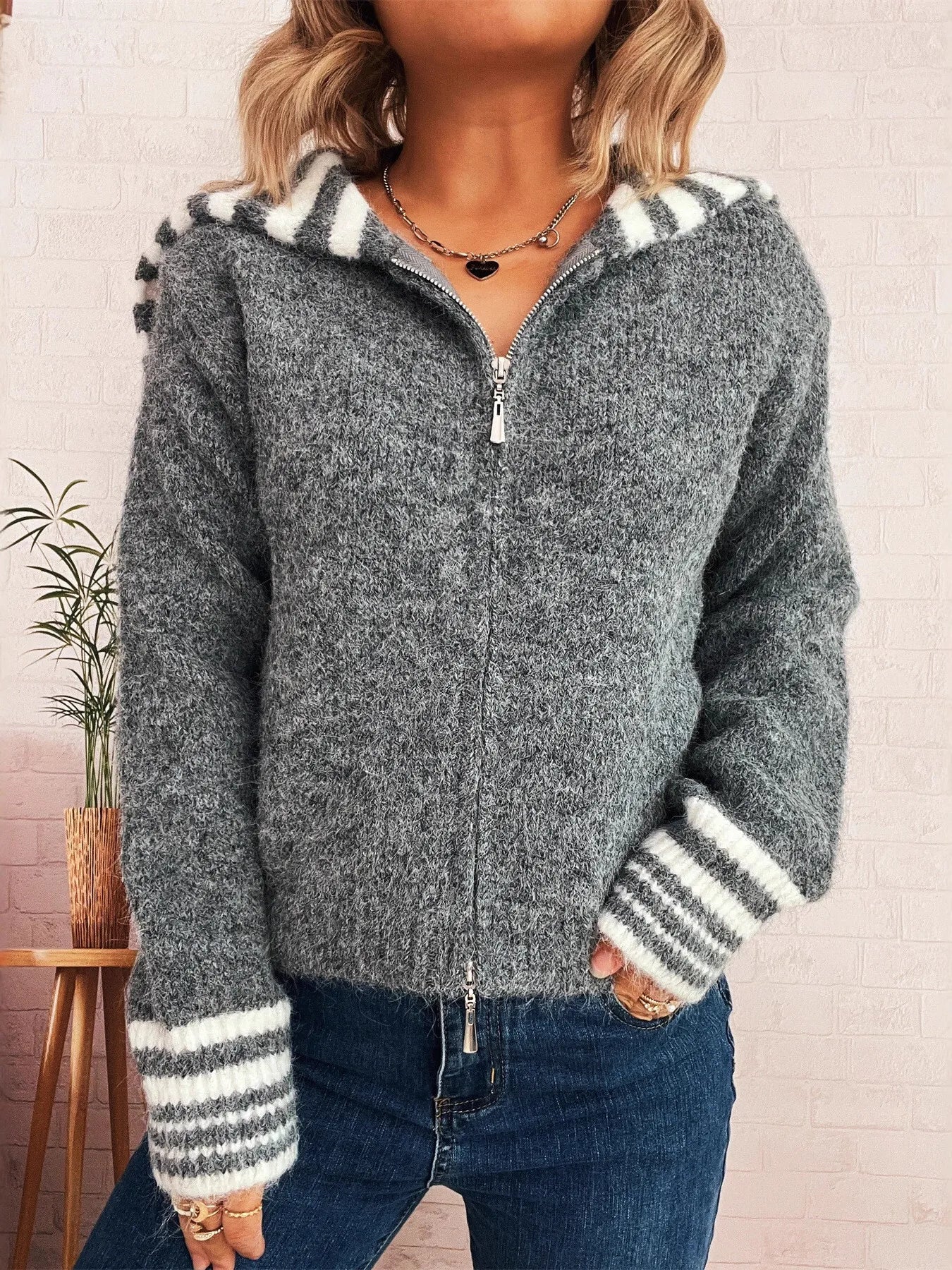 Striped Zip-Up Cardigan Gray One Size - Fashorio
