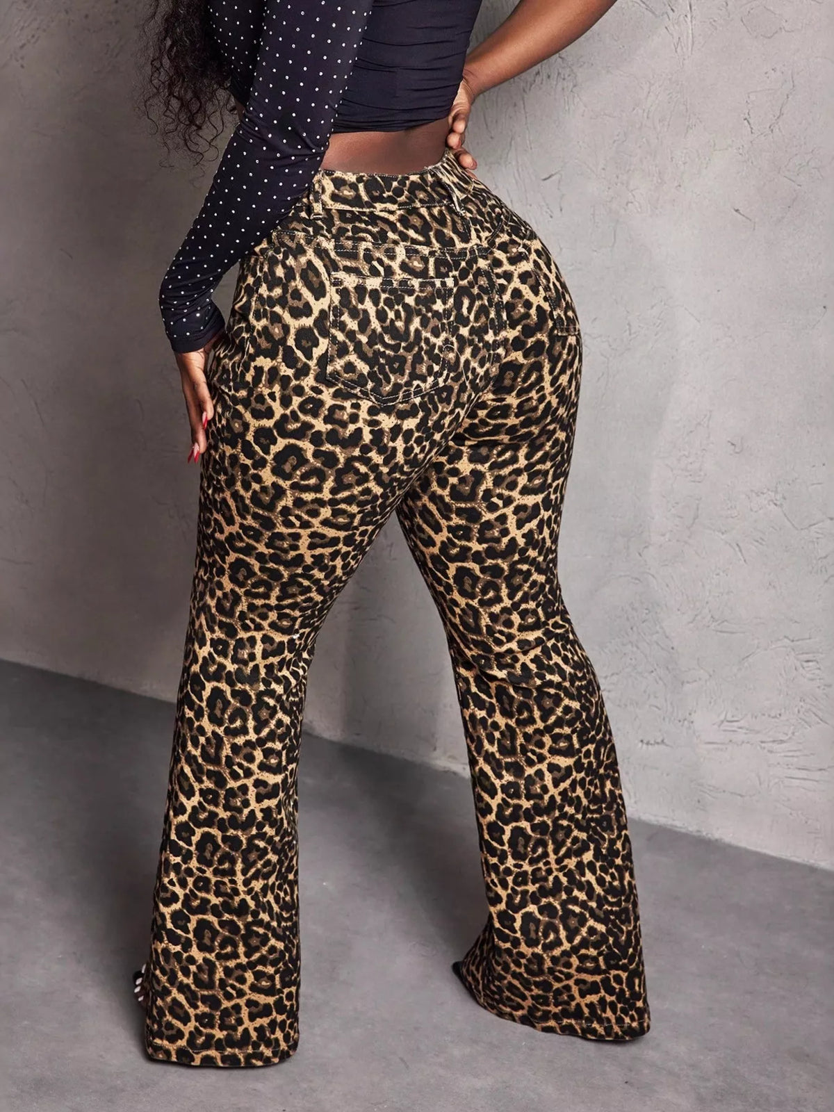 Leopard print wide leg pants back view