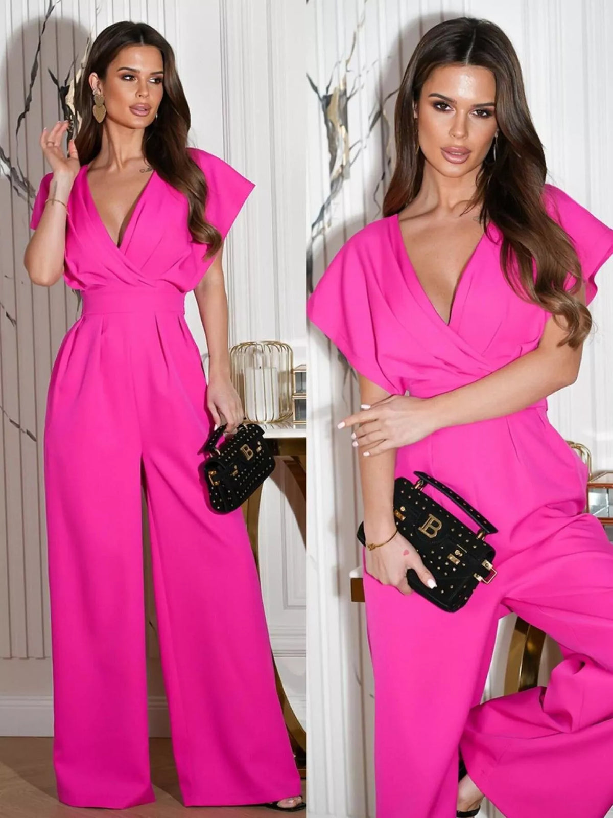 Surplice wide leg jumpsuit full length view