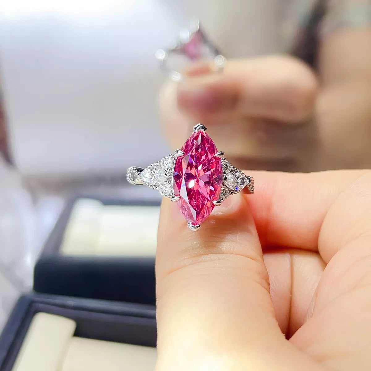 5 carat pink moissanite sterling silver ring, front view