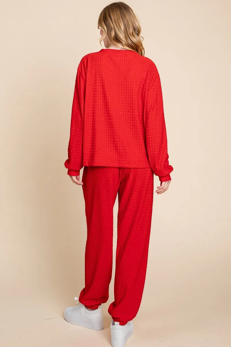 Super Lady Full Size Crinkle Check Round Neck Top and Pants Lounge Set - Fashorio