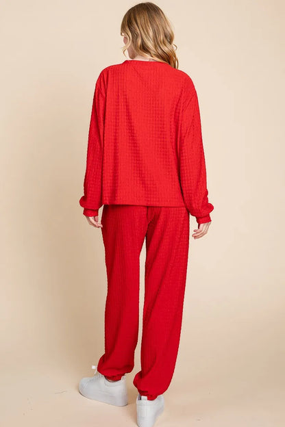 Super Lady Full Size Crinkle Check Round Neck Top and Pants Lounge Set - Fashorio