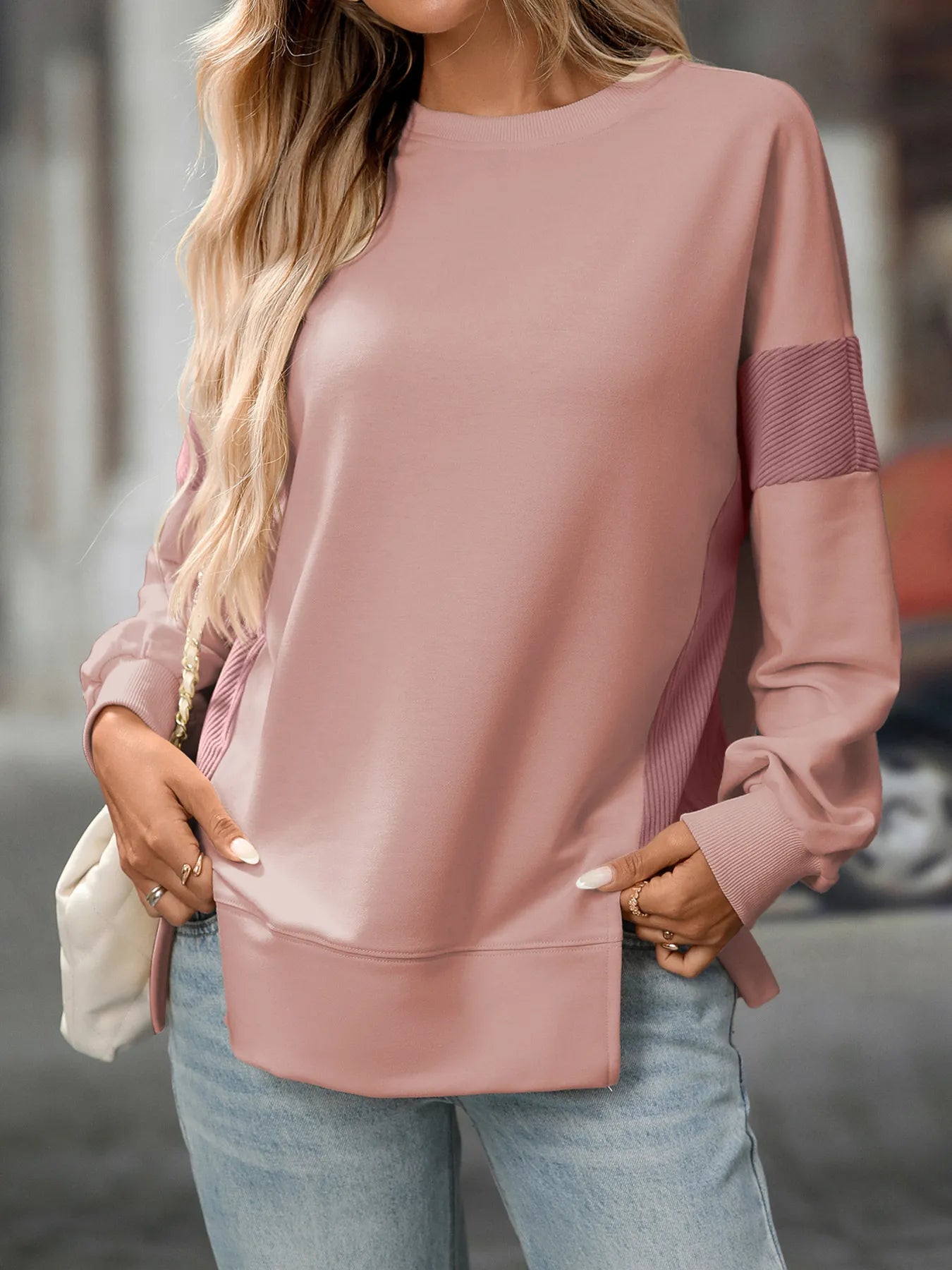 Slit Round Neck Long Sleeve Sweatshirt Pink - Fashorio
