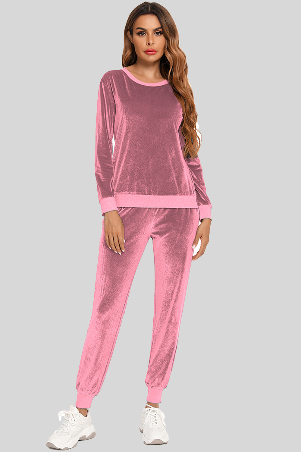 Round Neck Long Sleeve Loungewear Set with Pockets Dusty Pink - Fashorio