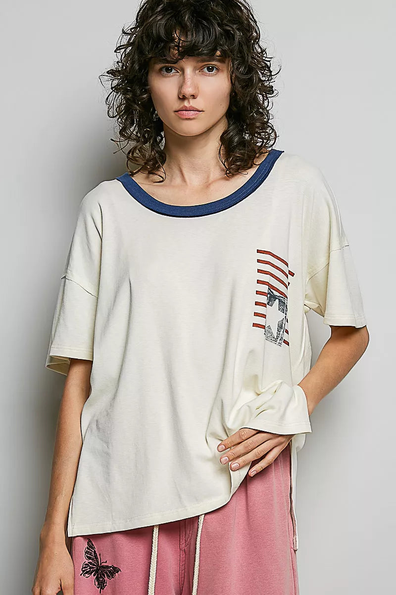 Cream american flag color block tee front view