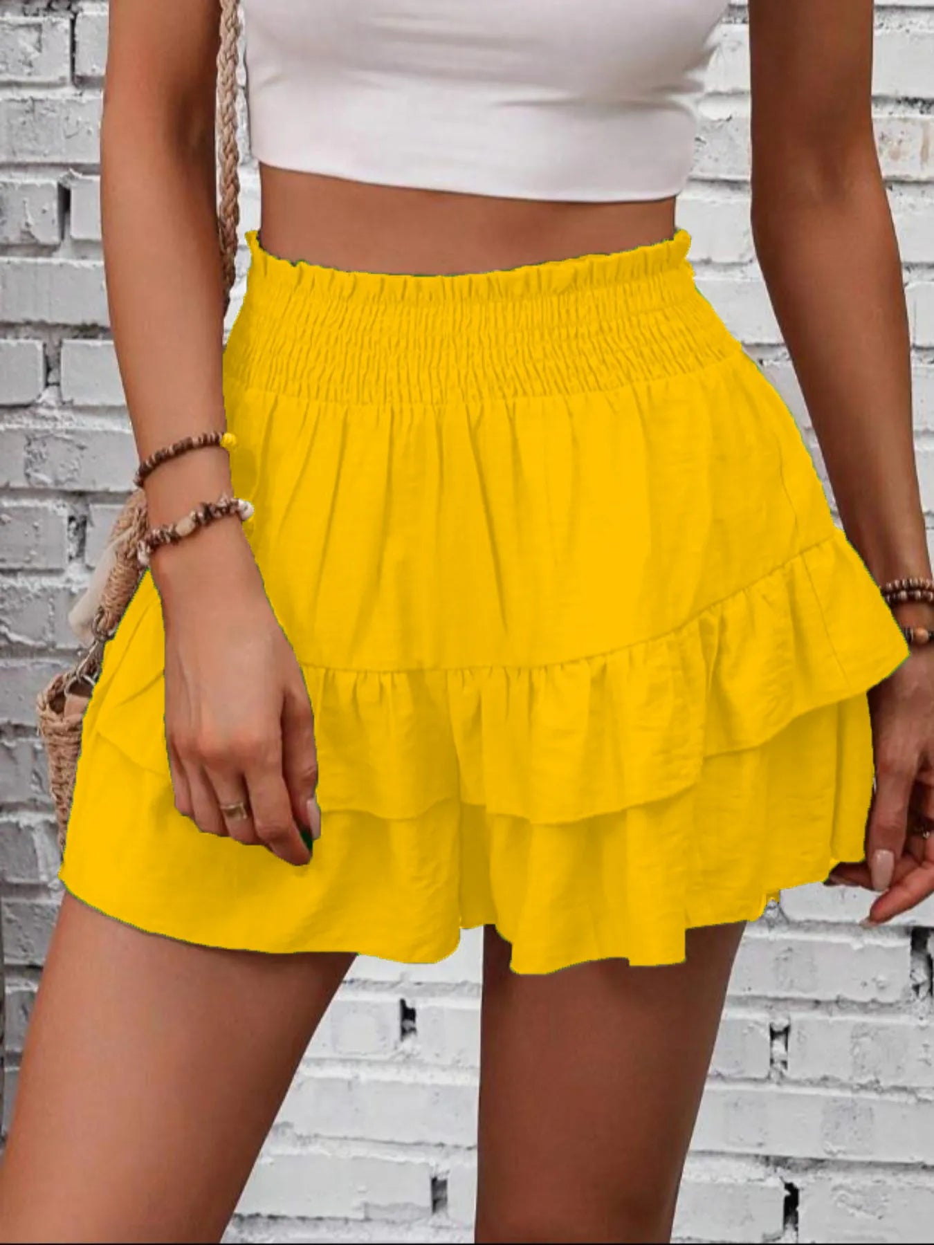 Ruffle Layered High Waist Casual Skort Yellow - Fashorio