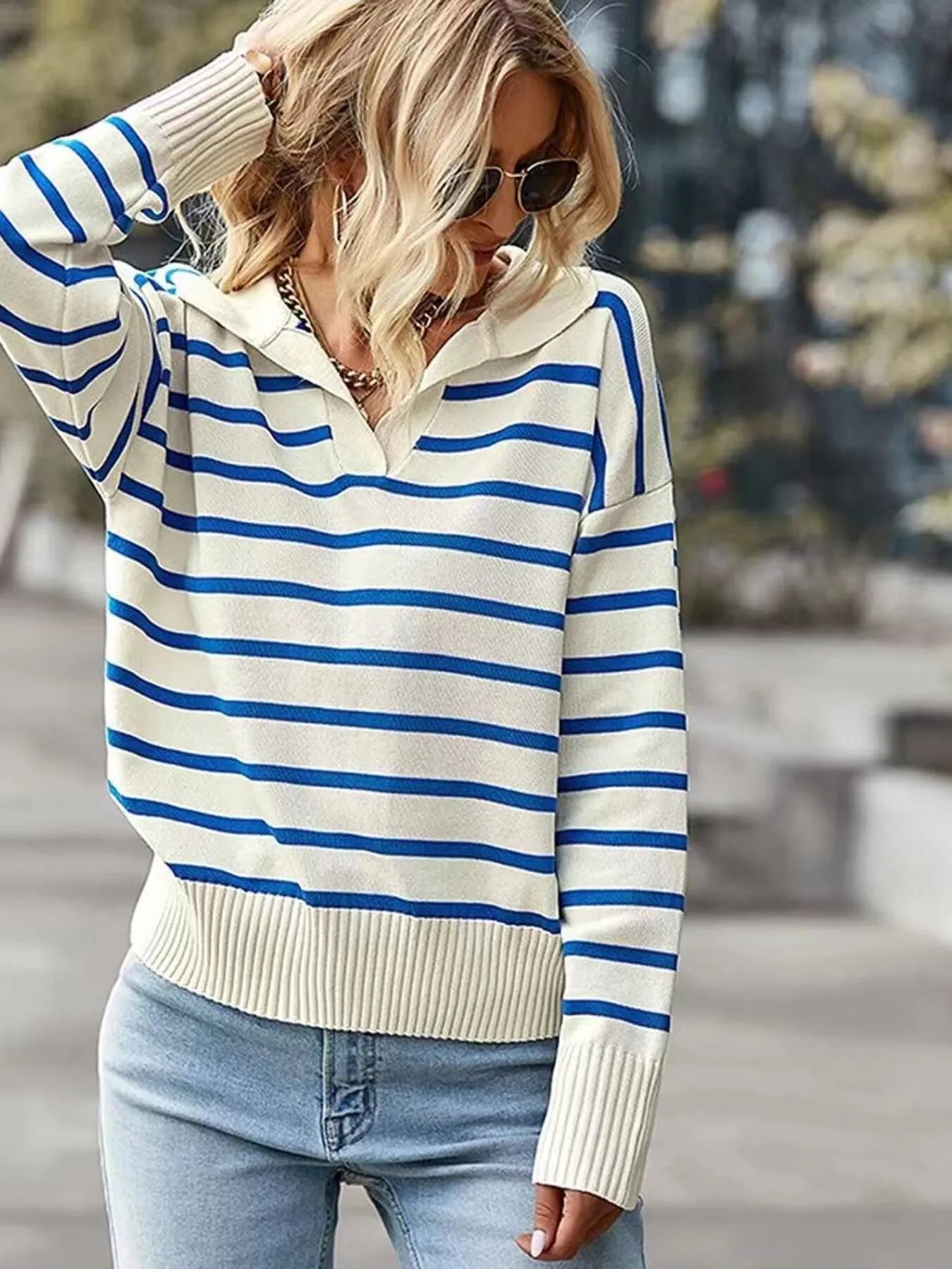 Ribbed Hem Long Sleeve Striped Sweater Sky Blue - Fashorio