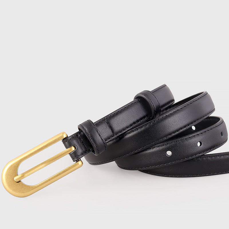 Gold buckle skinny leather belt in black
