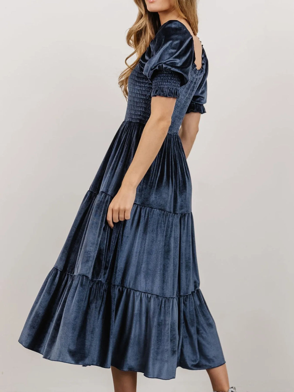 Smocked Half Sleeve Tiered Midi Dress back view