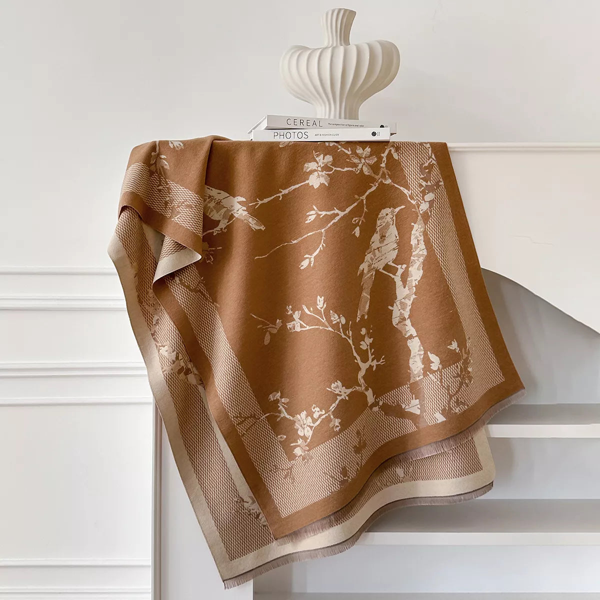 Earthy toned scarf with frayed raw hem ends