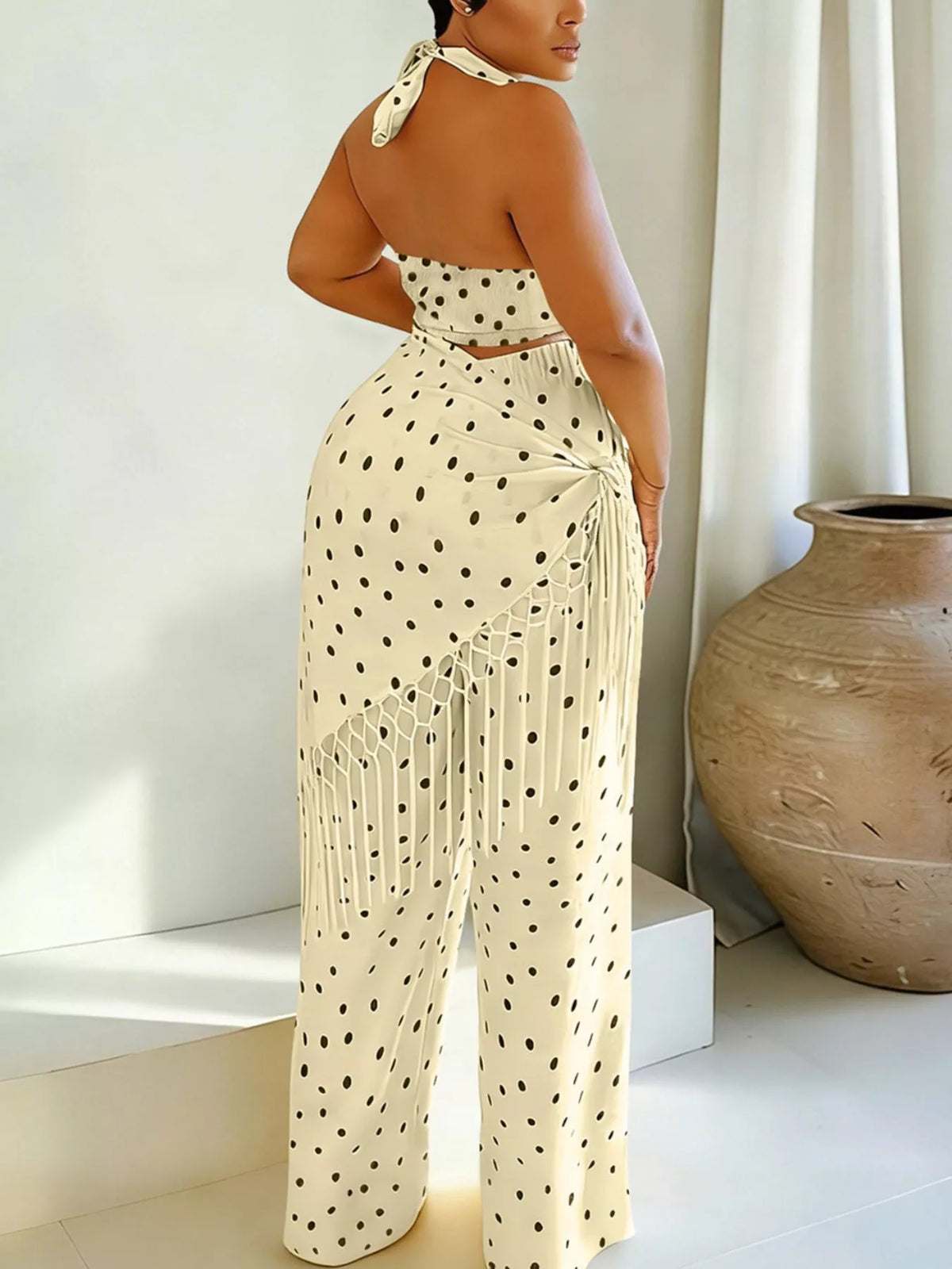 Polka dot two piece set halter tie neck detail