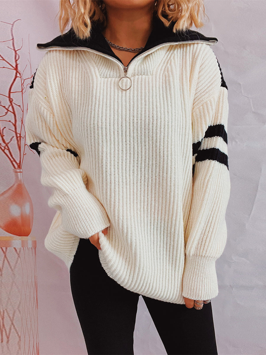 Ribbed Two-Tone Half Zip Sweater White - Fashorio