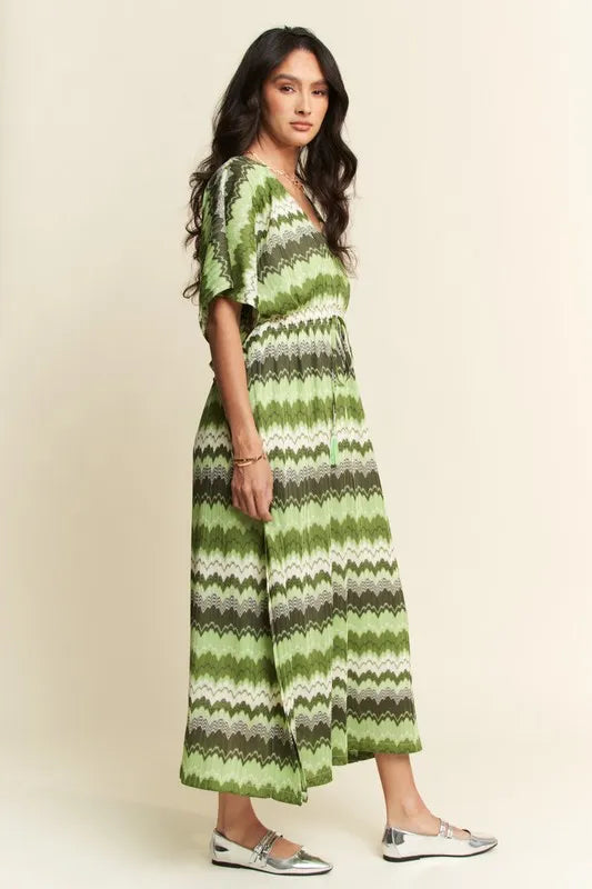 Wavy Print Tie Waist Flowy Dress in Sage on model