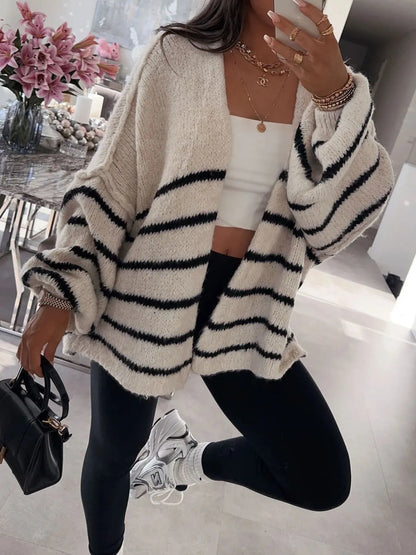 Striped Open Front Dropped Shoulder Cardigan - Fashorio