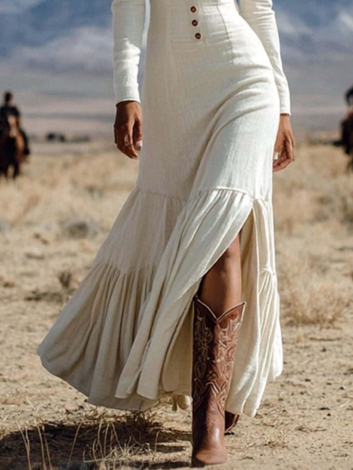 long sleeve slit tiered maxi dress styled look