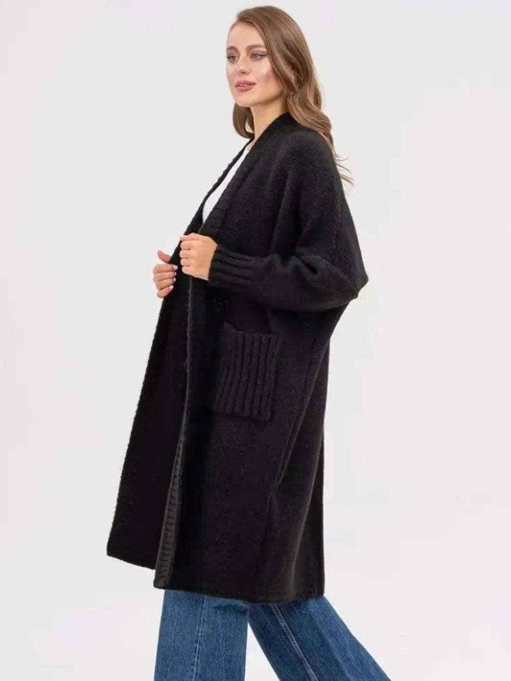 Pocketed Open Front Long Sleeve Longline Cardigan - Fashorio