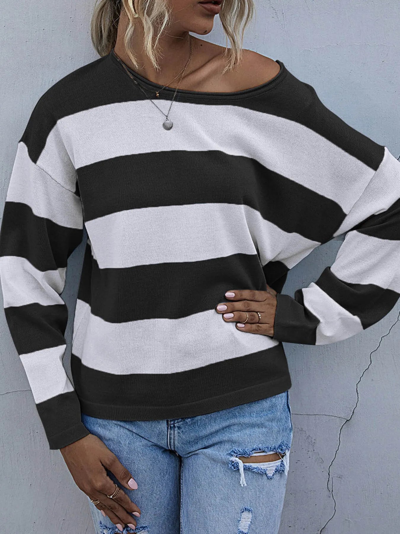 Striped Casual Long Sleeve Knit Top - Fashorio