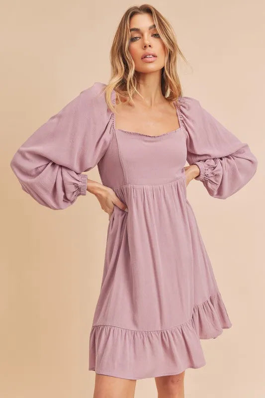 Moonlit mauve ruffled balloon sleeve mini dress front view