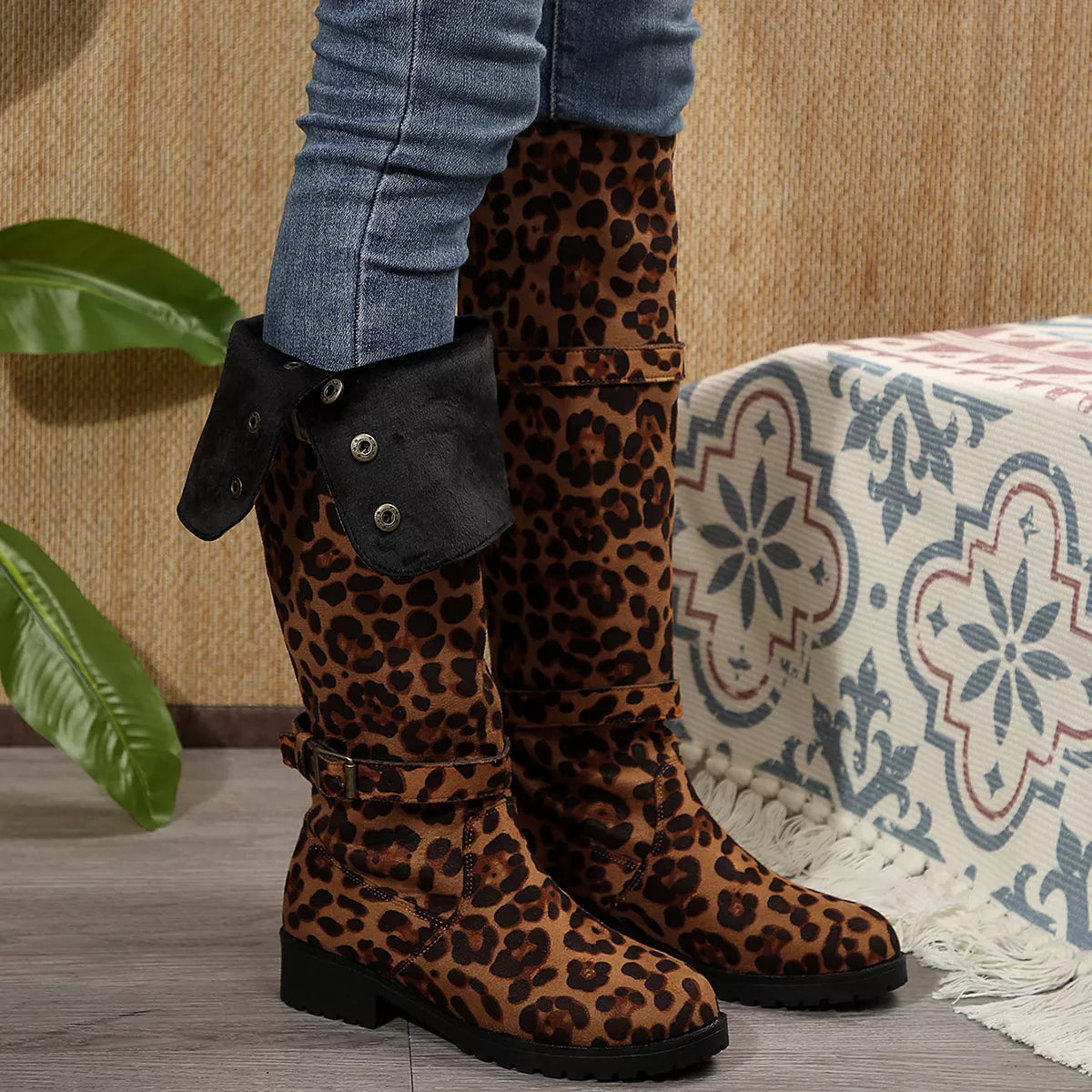 Leopard print block heel boots back view