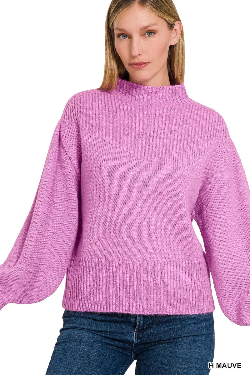 Balloon Sleeve Mock Neck Sweater in Mauve side view