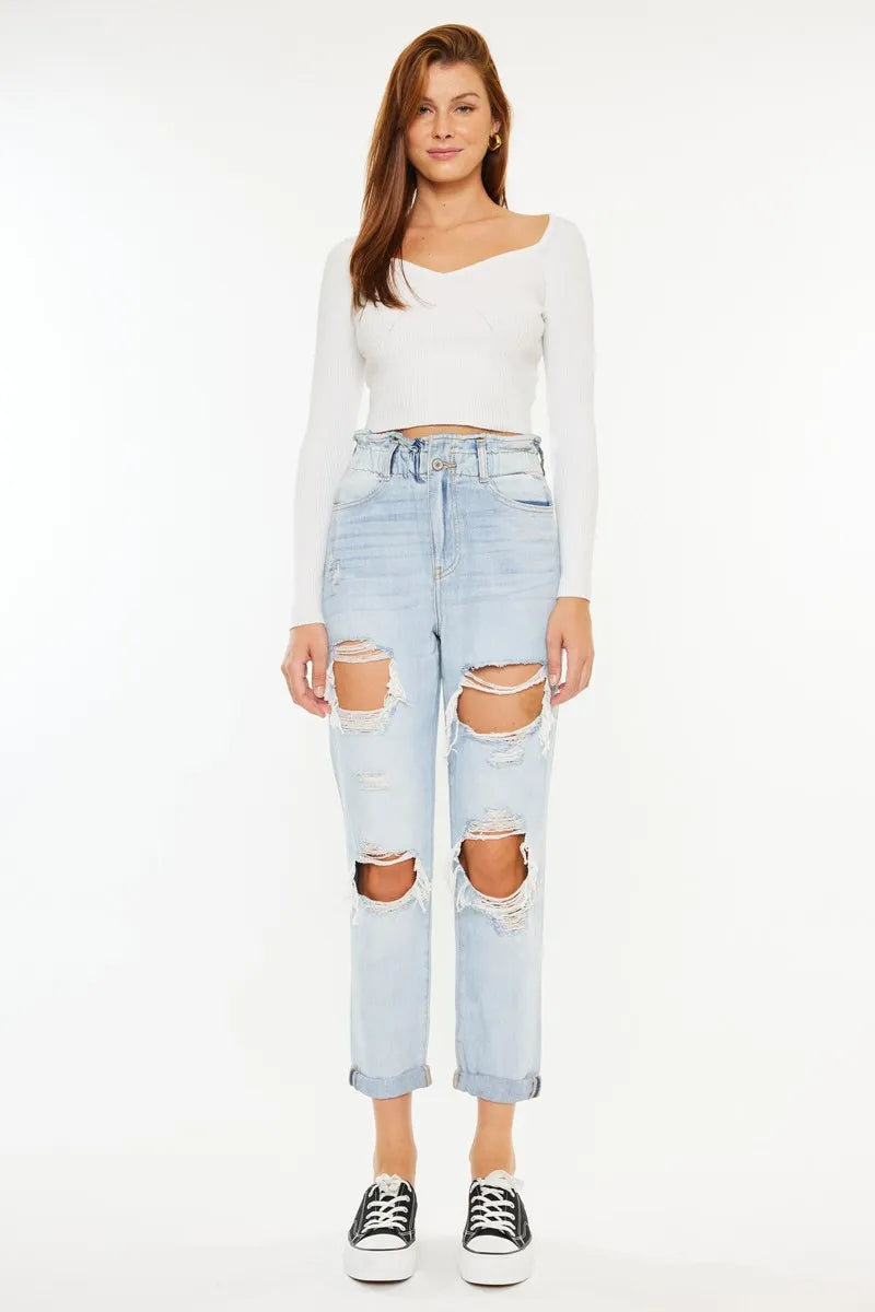Light wash paperbag waist mom jeans front