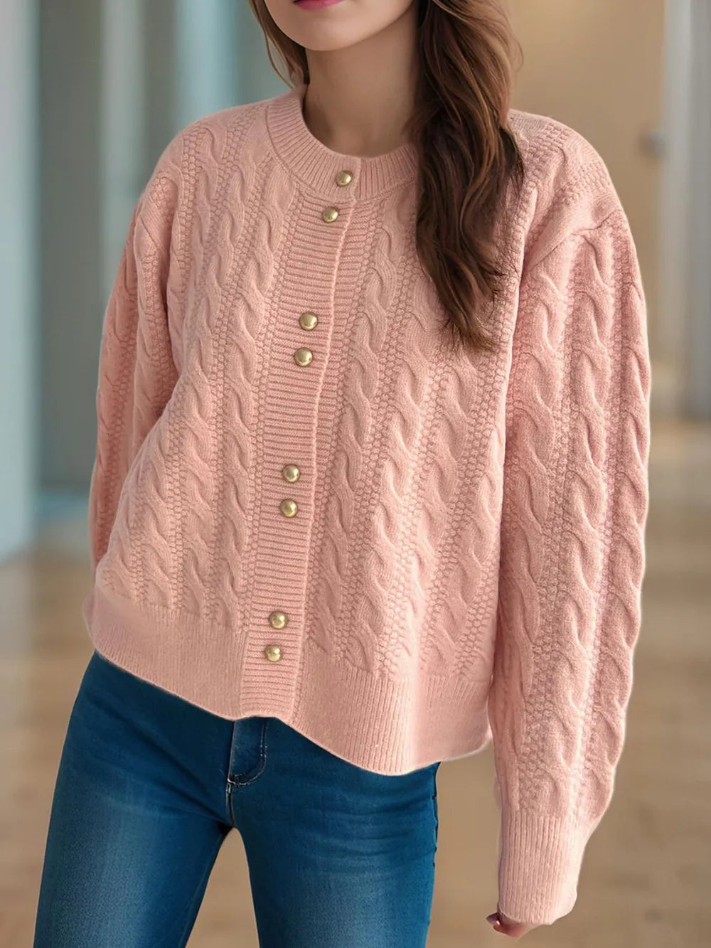 Cable-Knit Round Neck Long Sleeve Cardigan - Fashorio
