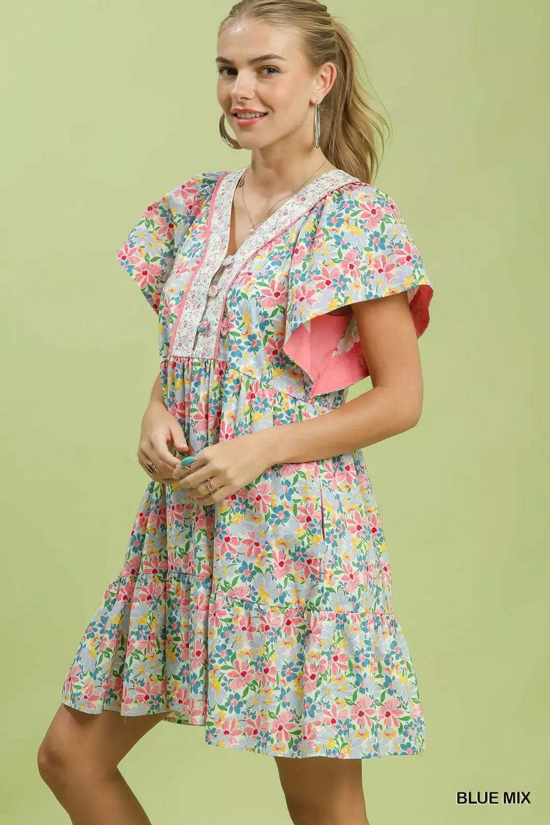 Mix Floral Tiered Mini Dress with Side Pockets back view