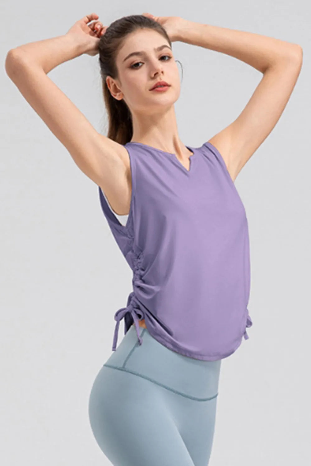 Notched neck wide strap active tank detail view