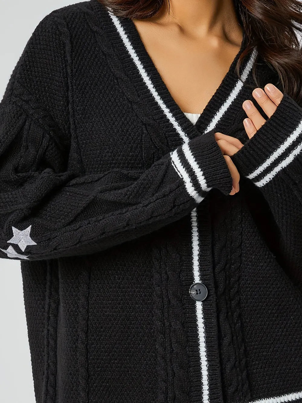 Star Embroidered V-Neck Long Sleeve Cardigan - Fashorio