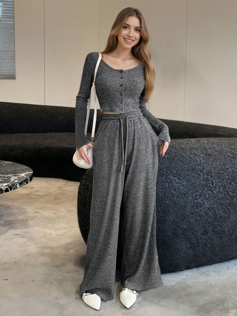 Casual knit long sleeve top and wide leg pants set front view