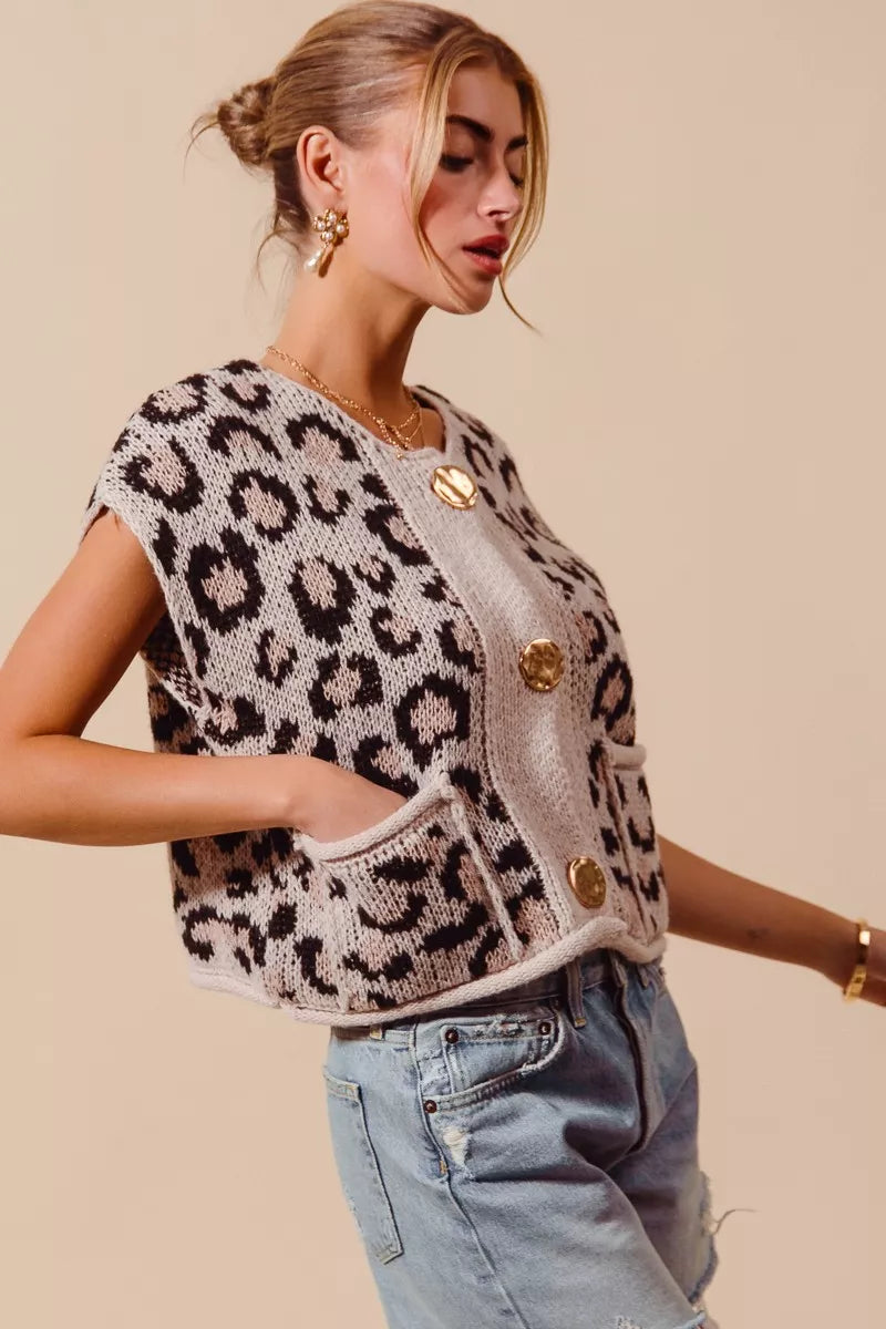 Button Front Leopard Print Sweater Vest detail