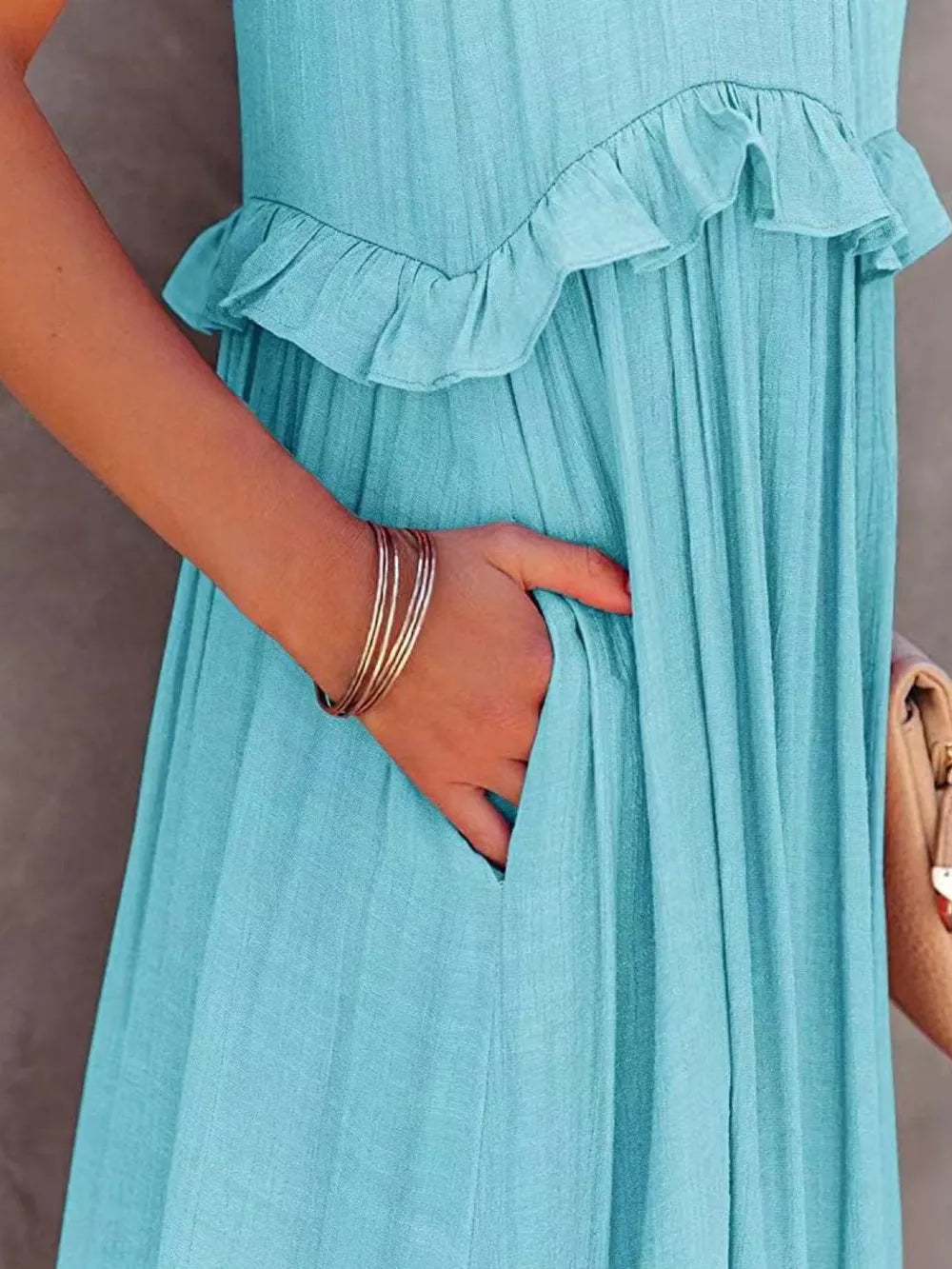 Ruffled Sleeveless Tiered Maxi Dress with Pockets - Fashorio