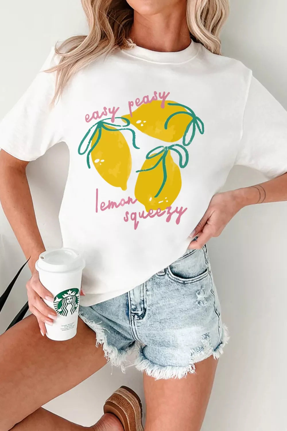 White Easy Peasy Lemon Squeezy graphic tee side view