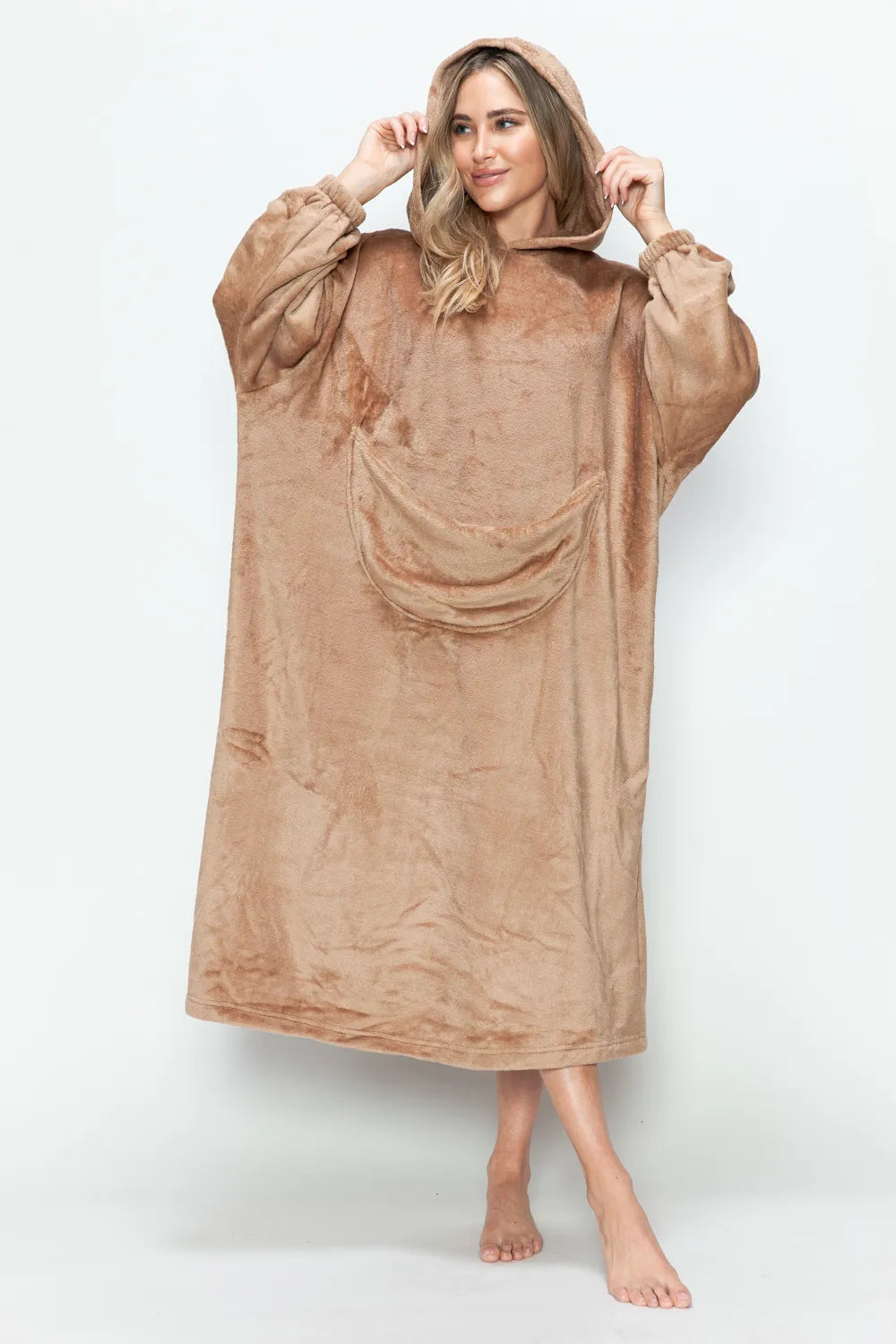 Double Take Full Size Pocketed Hooded Midi Lounge Dress Mocha - Fashorio