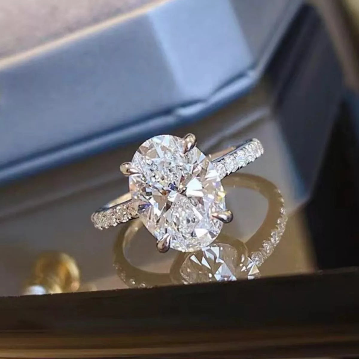 Sterling silver oval moissanite solitaire ring detail view