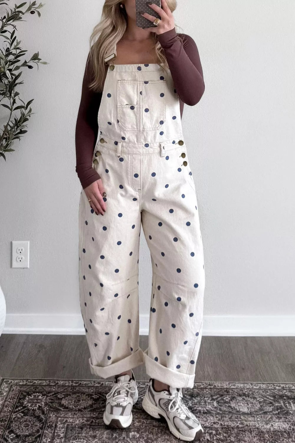 Polka dot jumpsuit barrel leg side view