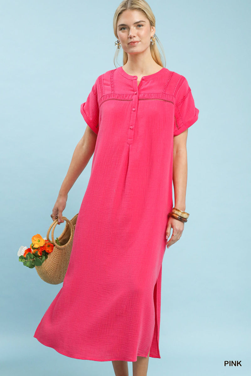 Button Front Gauze Midi Dress with Lace Detail