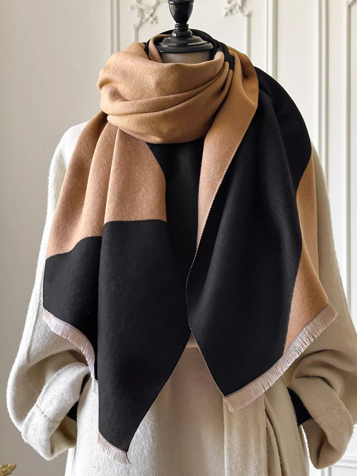 Lightweight scarf shown at full draped length