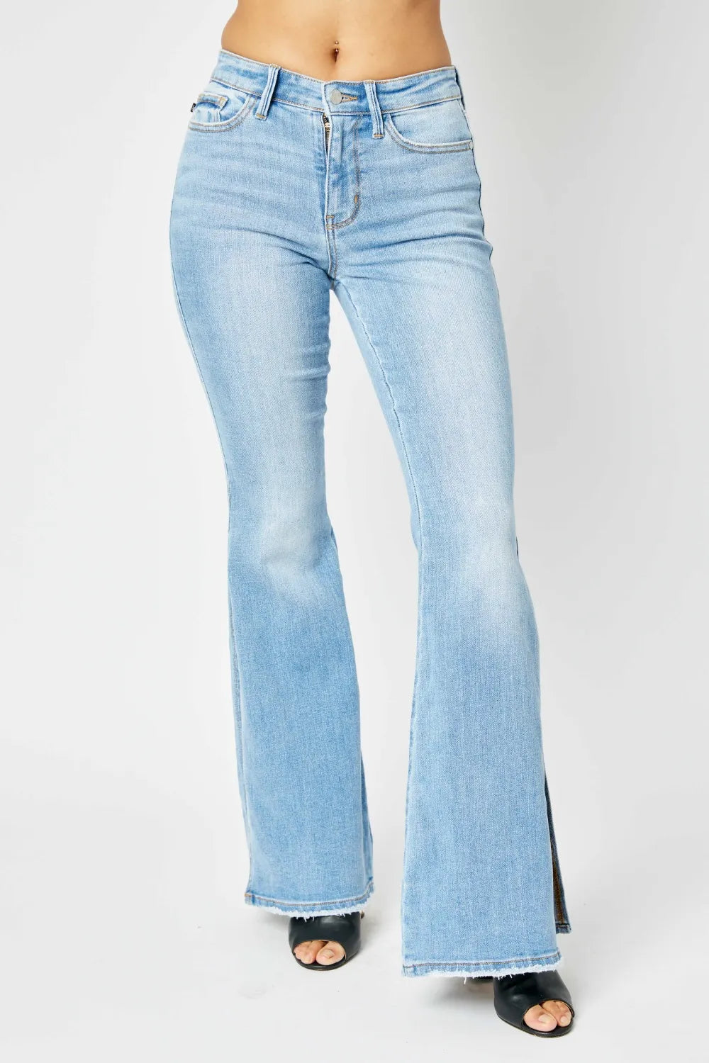 Judy Blue mid rise raw hem flare jeans front view