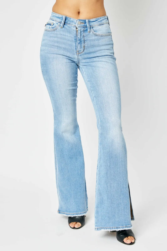 Judy Blue Full Size Mid Rise Raw Hem Slit Flare Jeans Medium - Fashorio