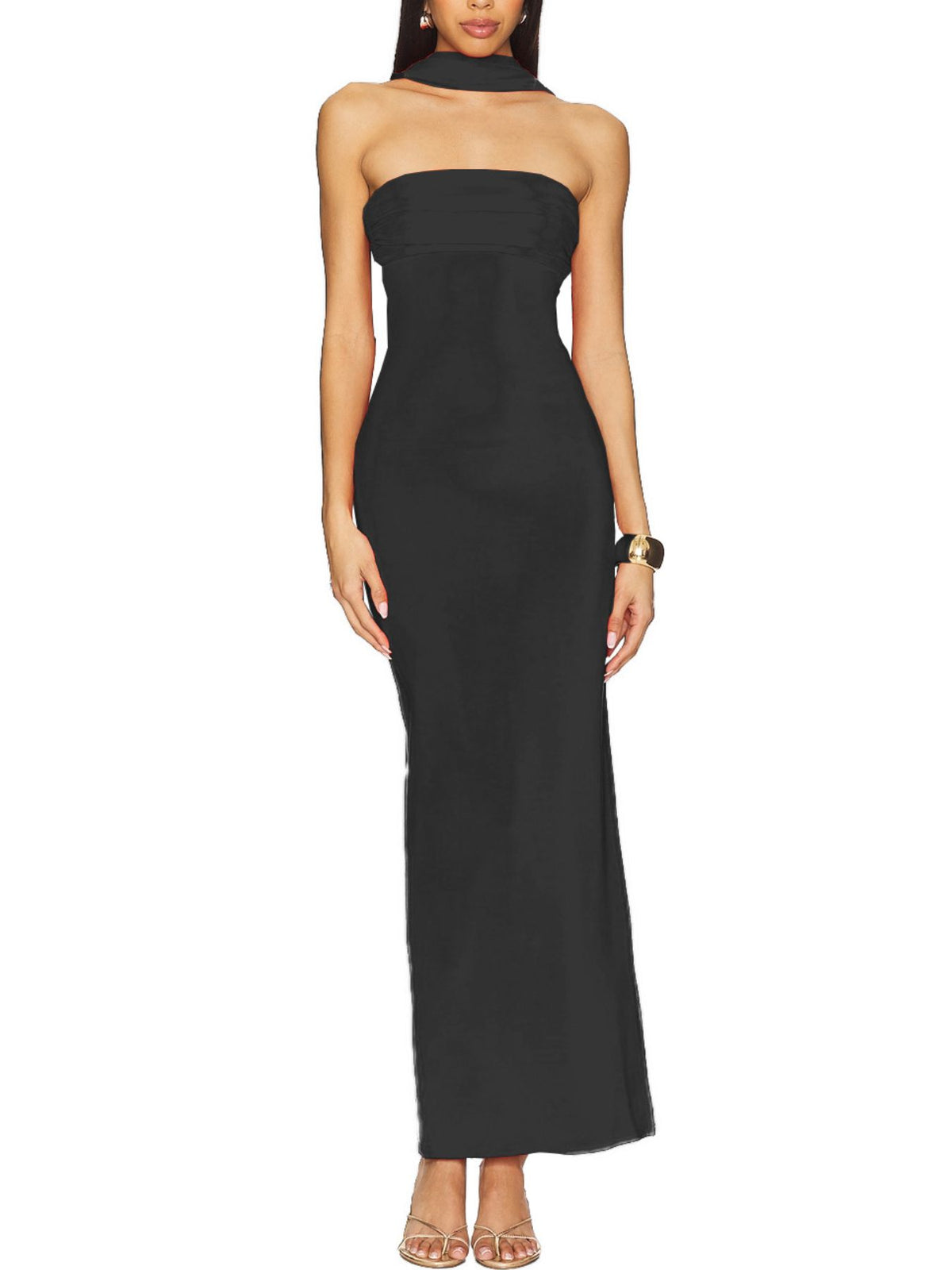Dusty blue tube maxi dress on model