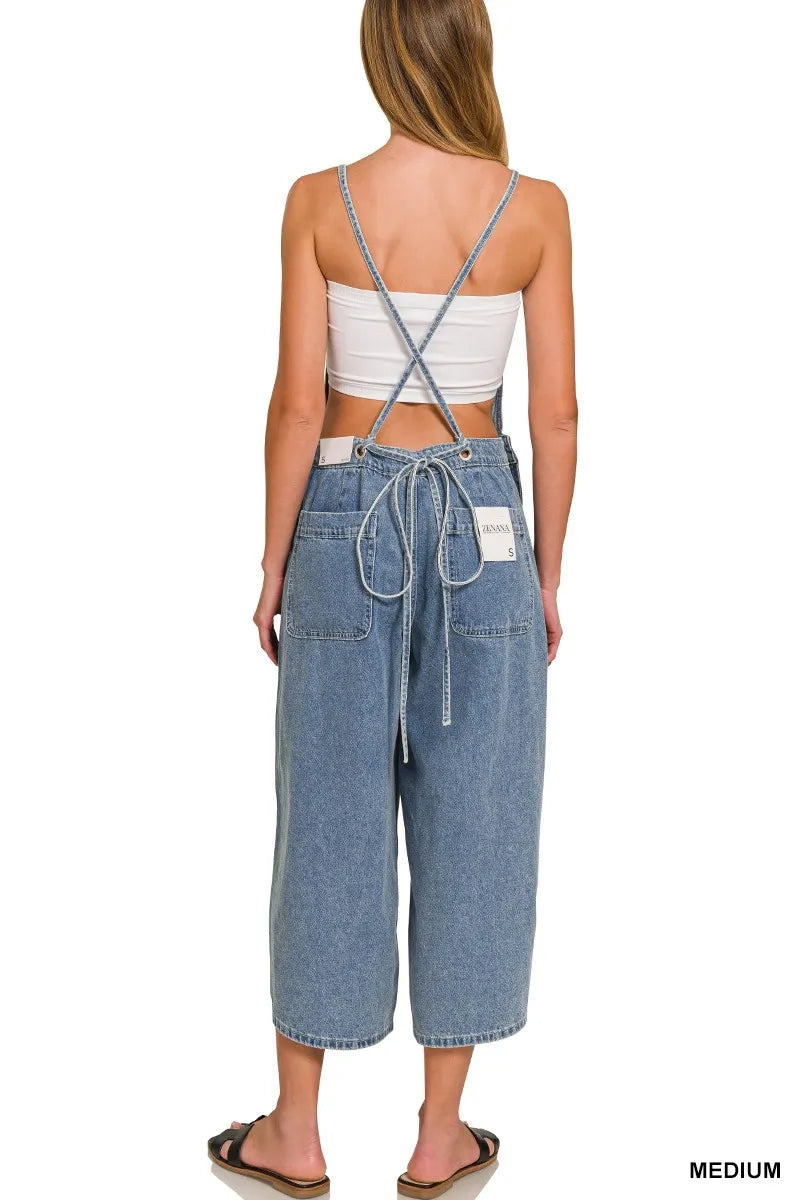 Zenana Denim Medium Washed Wide Leg Overalls - Fashorio