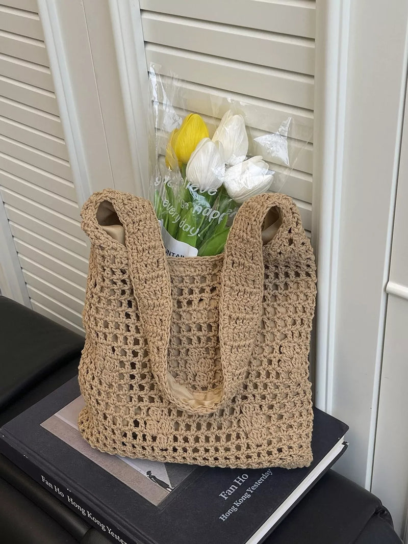 Knitted crochet shoulder bag in khaki front view